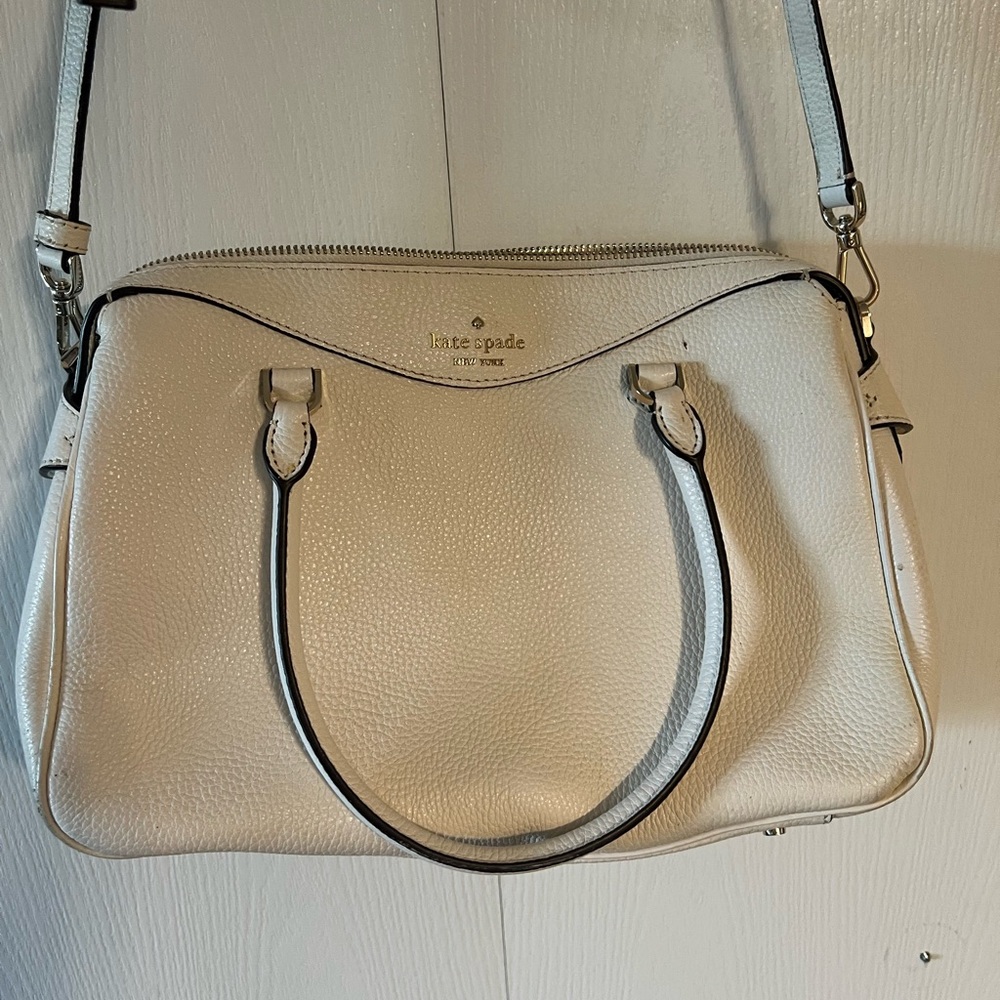 kate spade Cream Pebbled Leather Satchel with Black Trim